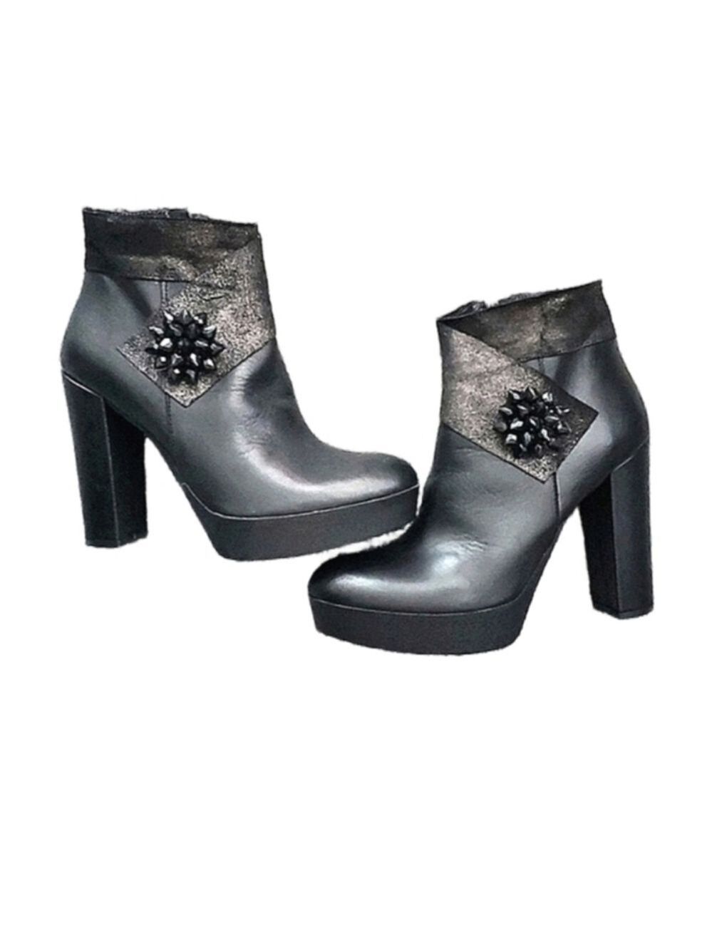 Platform Whimsigoth Zip-Up Leather Boots Chunky Heel Side Embellished Size 39